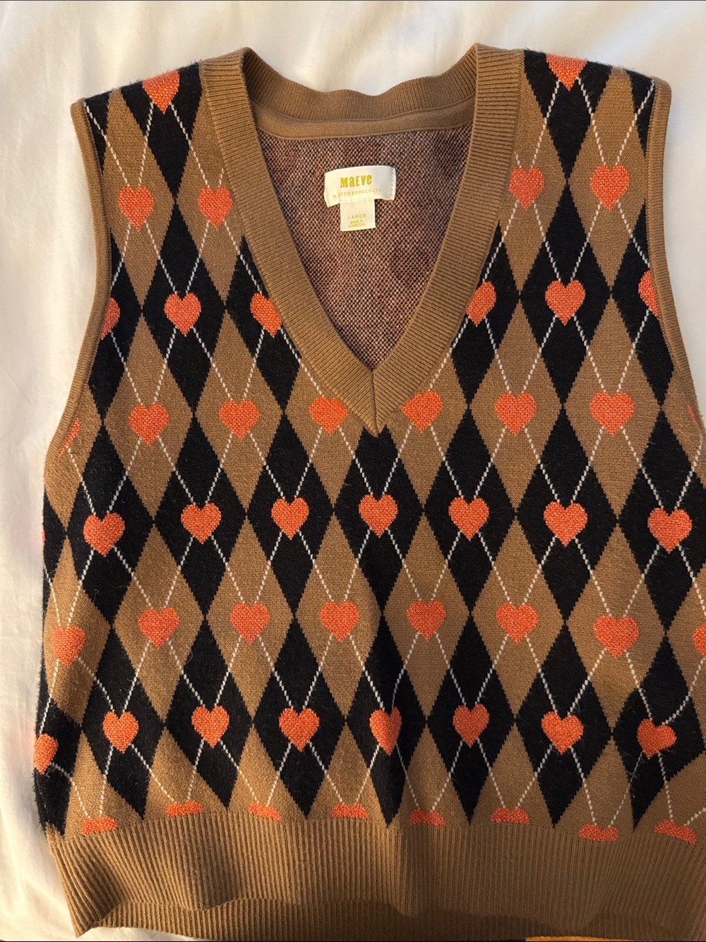 Anthropologie Brown Argyle V-Neck Sweater Vest with Orange Hearts